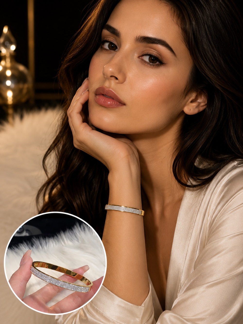 18K Gold Plated Triple Row CZ Bangle Bracelet